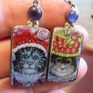 Vintage Porcelain Silver and Blue Stone Cat Earrings